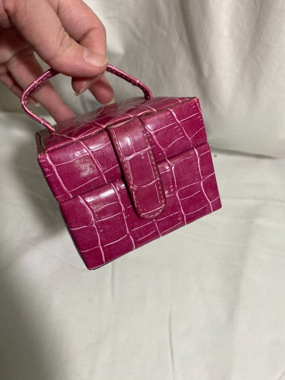 Pink Faux Croc Travel Jewelry Box Case Organizer Ring Holder Mirror Compact